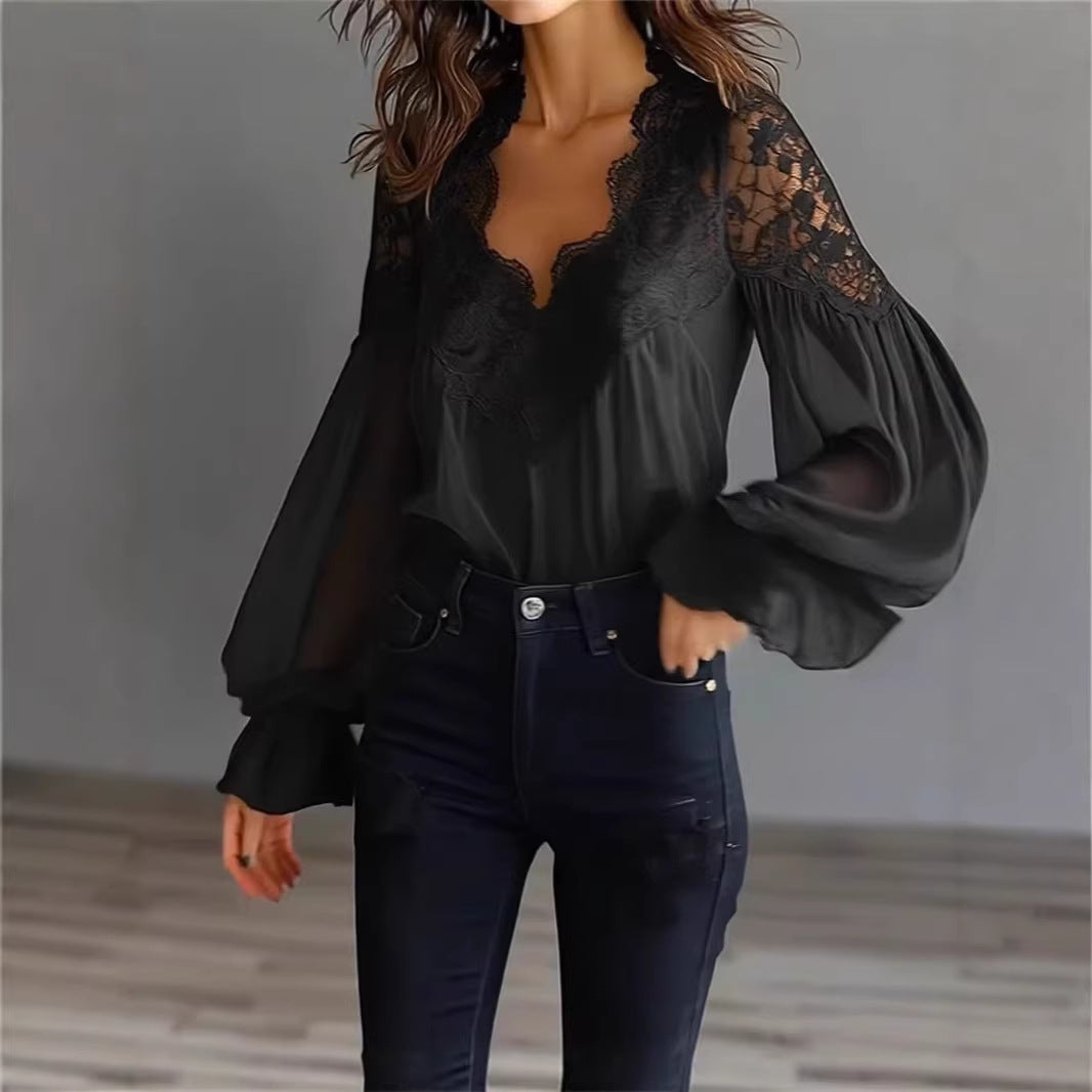 Lace-Panelled Puff Sleeve Pleated Ruffled Shirt Women