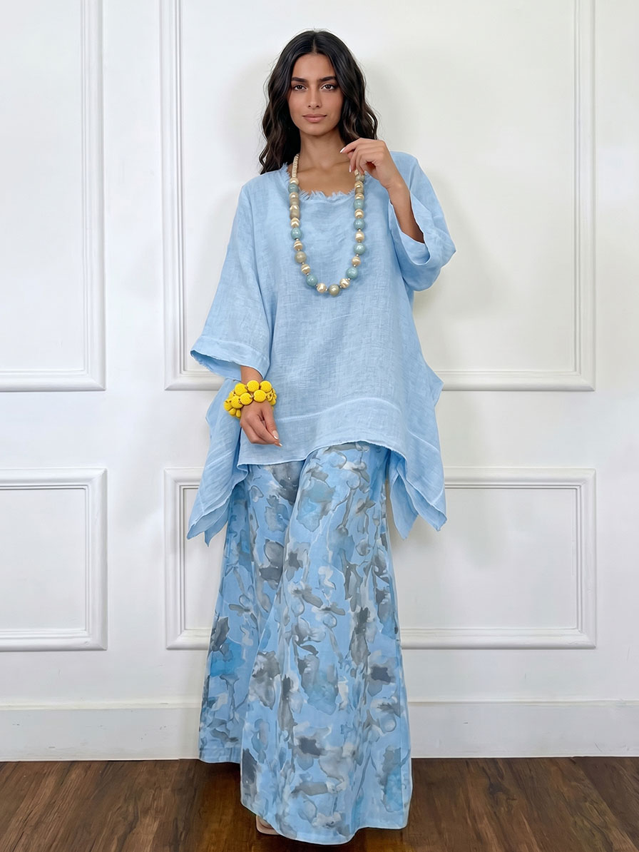 Casual Asymmetrical Top & Printed Wide Leg Pants Set