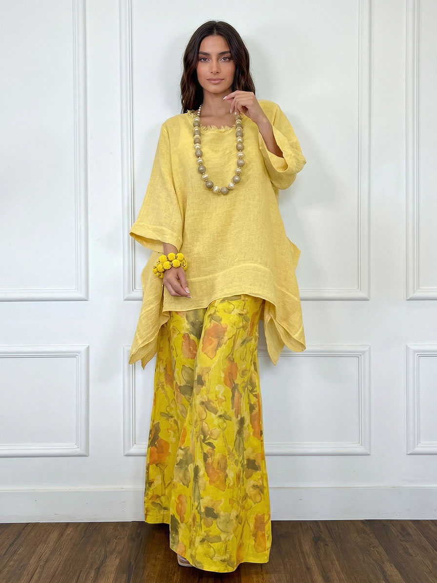 Casual Asymmetrical Top & Printed Wide Leg Pants Set