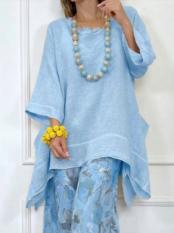 Casual Asymmetrical Top & Printed Wide Leg Pants Set