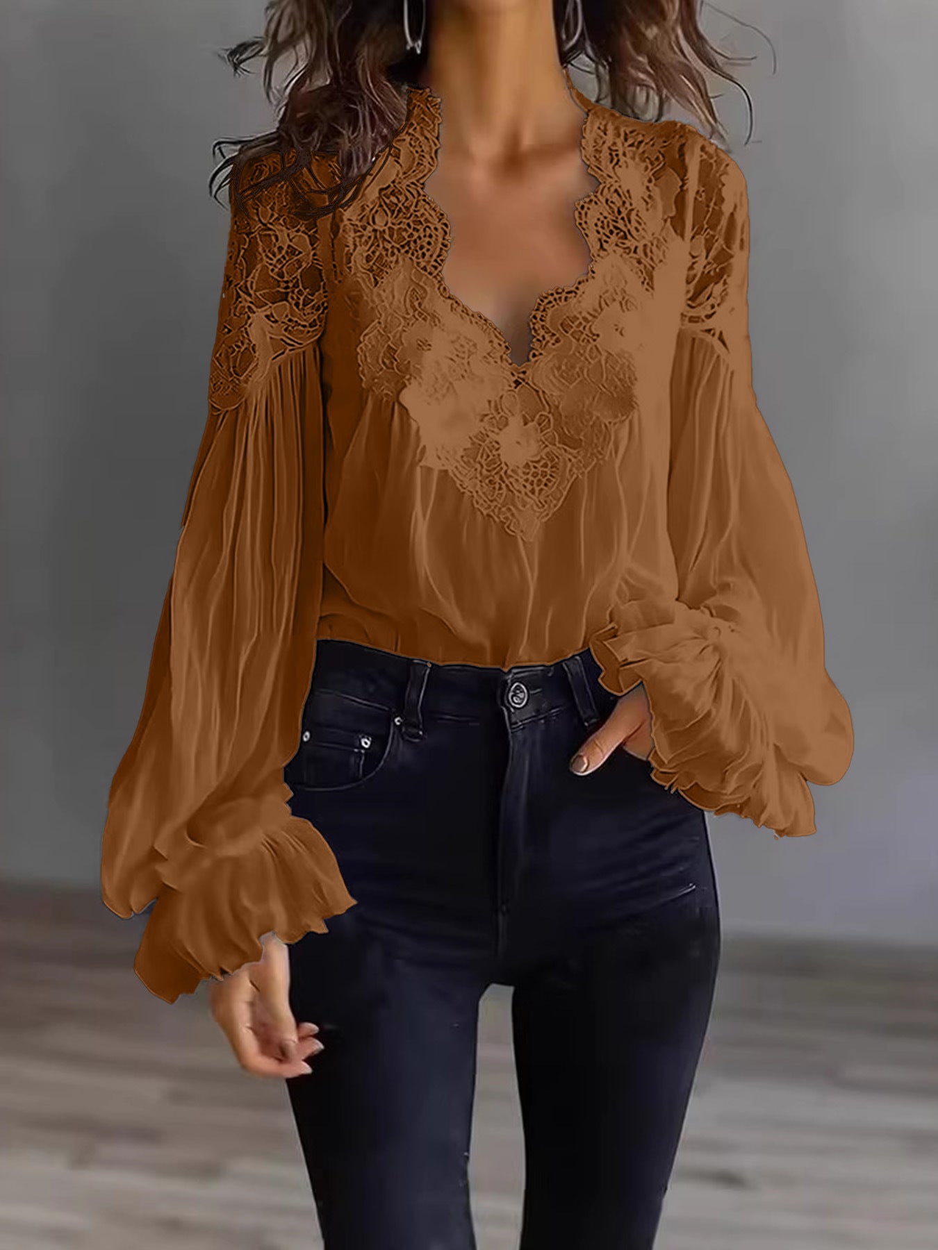Lace-Panelled Puff Sleeve Pleated Ruffled Shirt Women