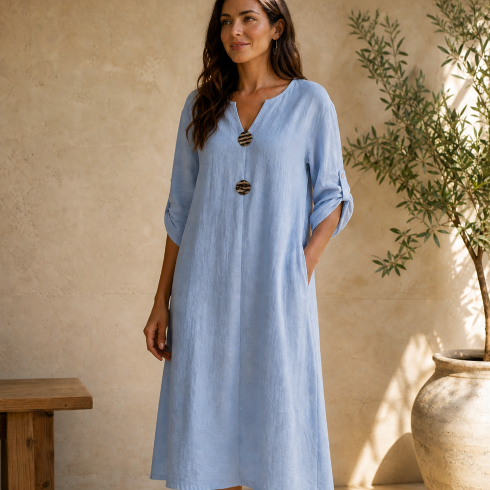 Warmthof™ – Flowy V-Neck Midi Dress with Wooden Buttons