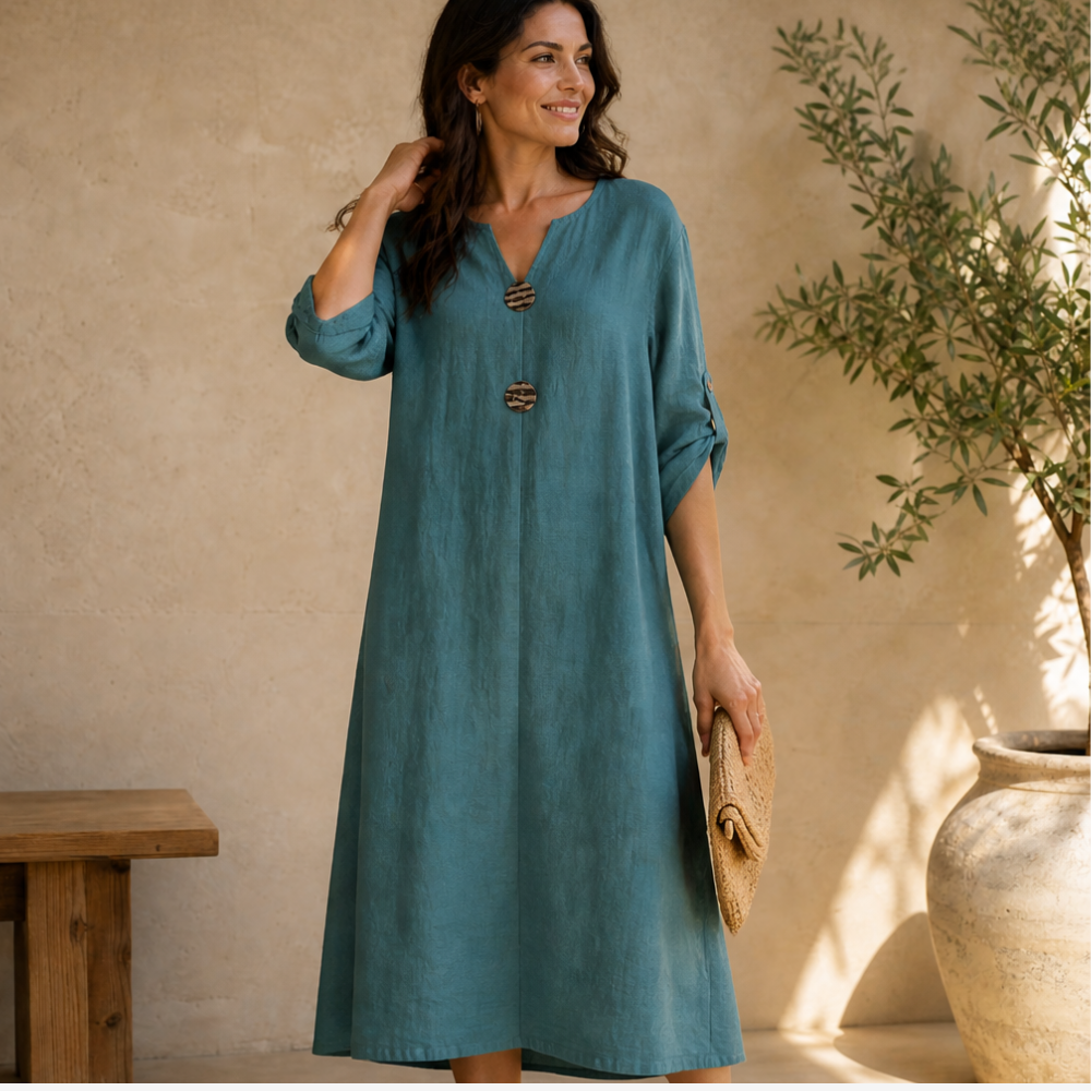 Warmthof™ – Flowy V-Neck Midi Dress with Wooden Buttons