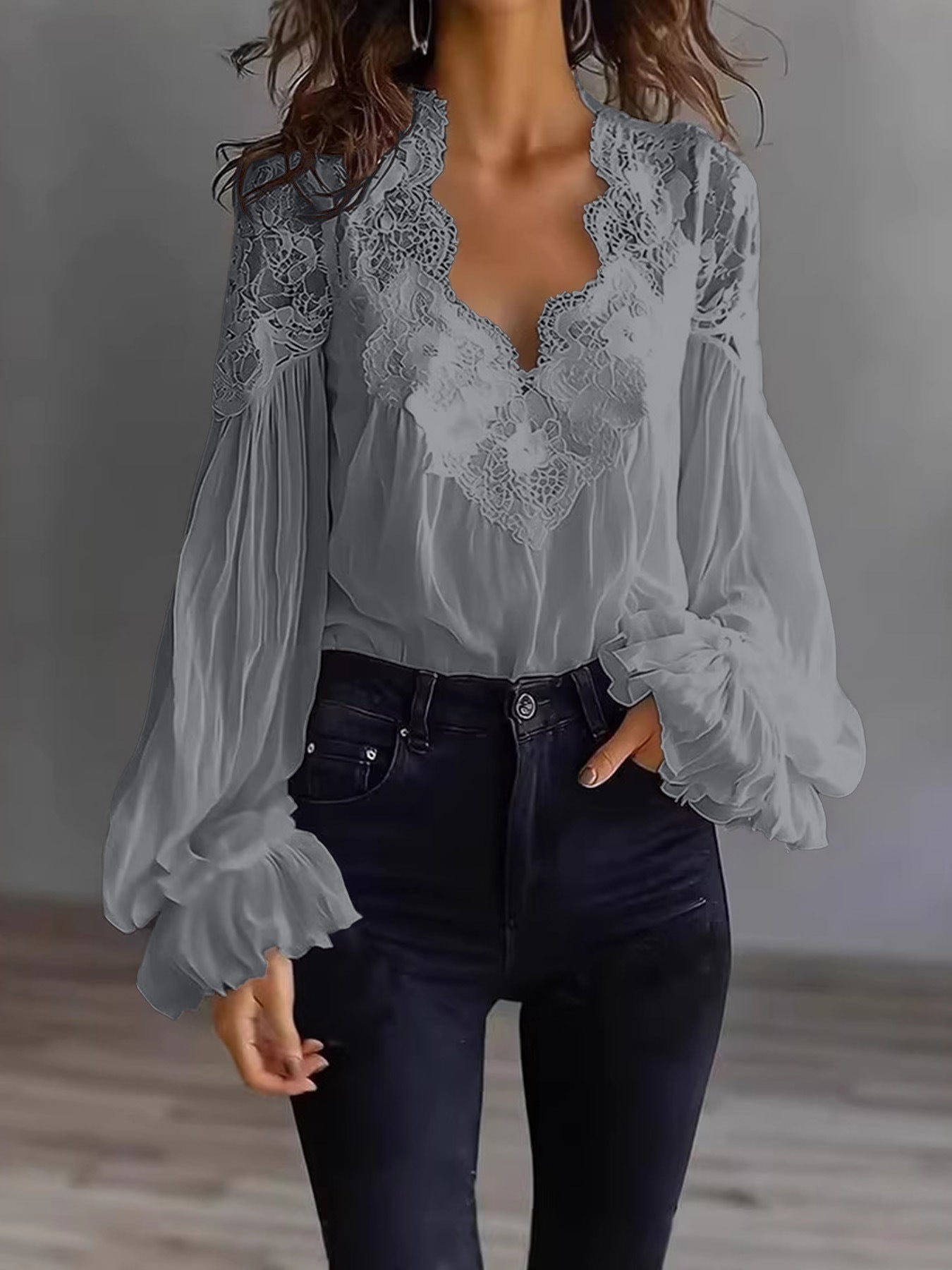 Lace-Panelled Puff Sleeve Pleated Ruffled Shirt Women
