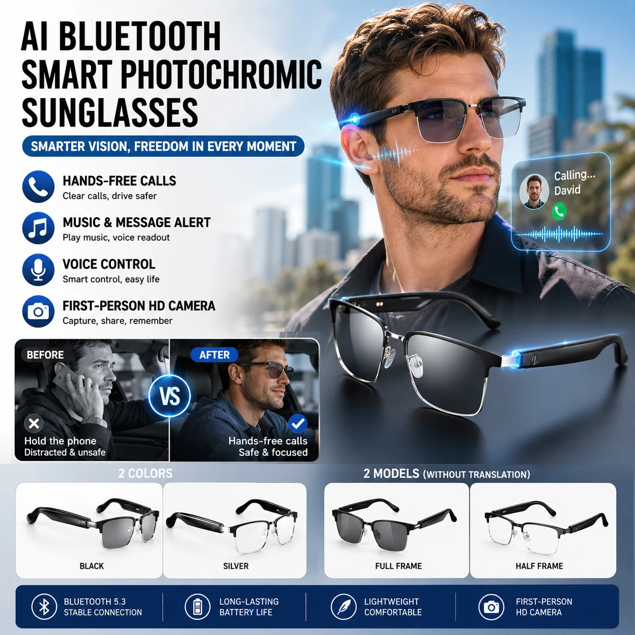 👀 All-weather mobile AI eye assistant, real-time synchronous translation in milliseconds, cross-border barrier-free communication, hands-free calls, music playback, message voice notifications, first-person high-definition shooting