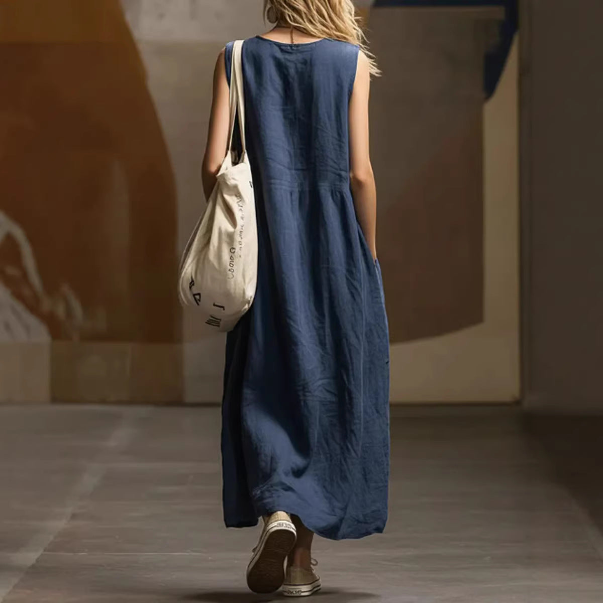 Womens Loose-Fitting Sleeveless Cotton Linen Pocket Dress – Casual A-Line Long Dress
