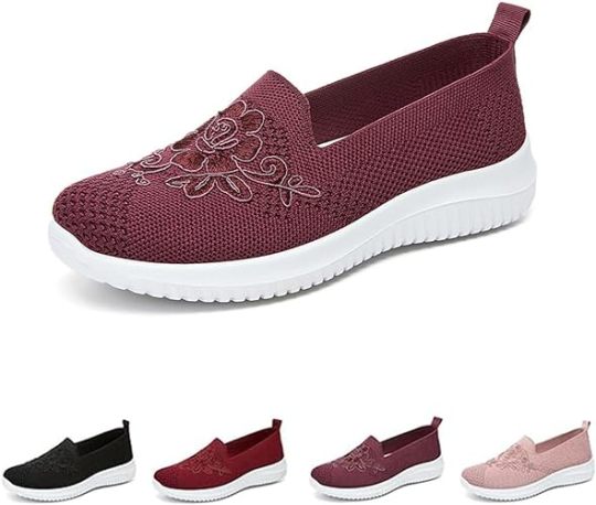 Women's Knitted Embroidery Sneakers, Lightweight Breathable Slip On Orthopedic Soft Sole Shoes