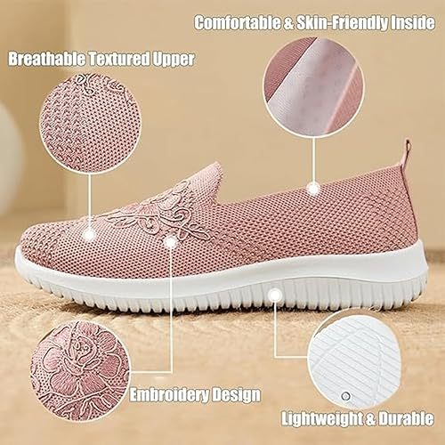 Women's Knitted Embroidery Sneakers, Lightweight Breathable Slip On Orthopedic Soft Sole Shoes