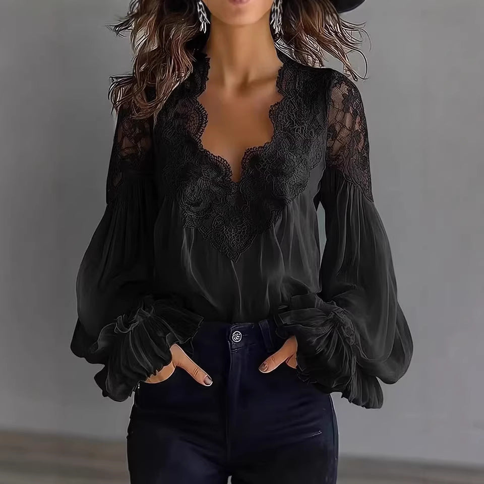 Lace-Panelled Puff Sleeve Pleated Ruffled Shirt Women