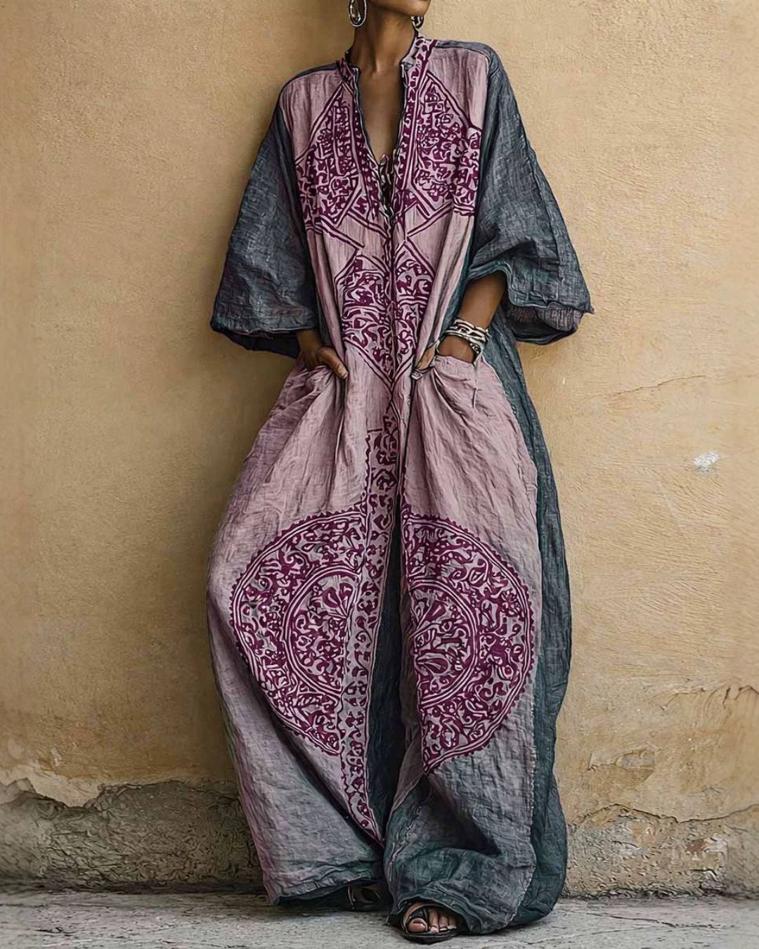 V-Neck Printed Bohemian Wide-Leg Jumpsuit