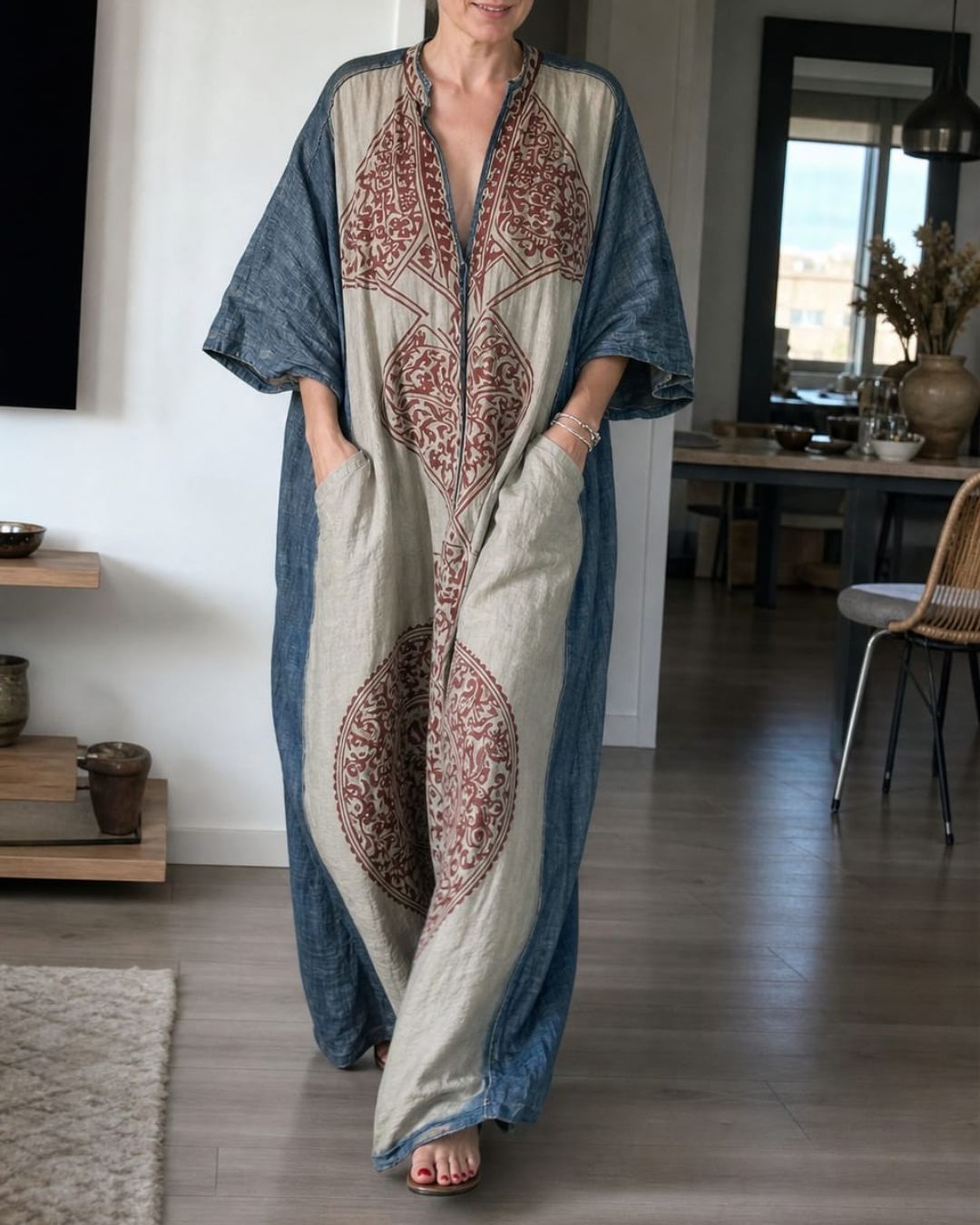 V-Neck Printed Bohemian Wide-Leg Jumpsuit
