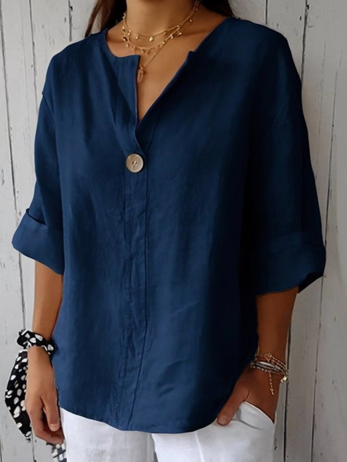 Women's Cotton Loose Fit 3/4 Sleeve Single Button Blouse