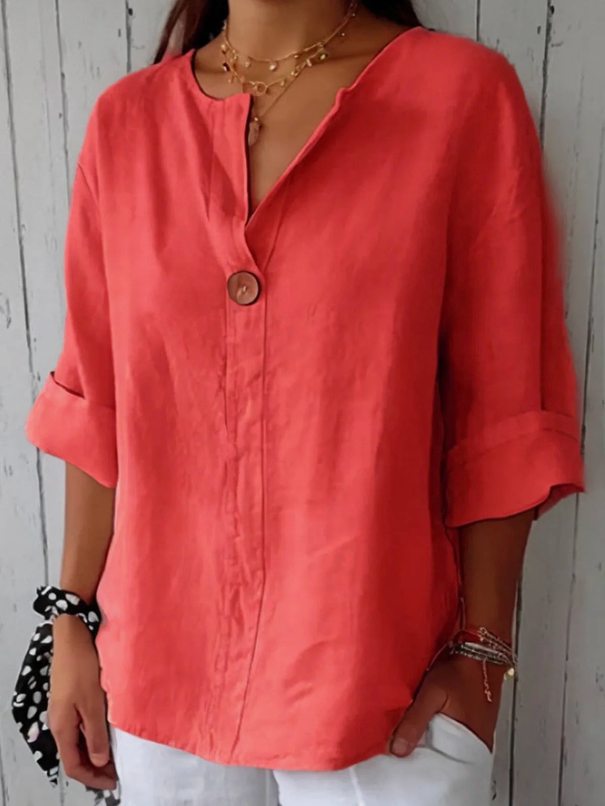 Women's Cotton Loose Fit 3/4 Sleeve Single Button Blouse