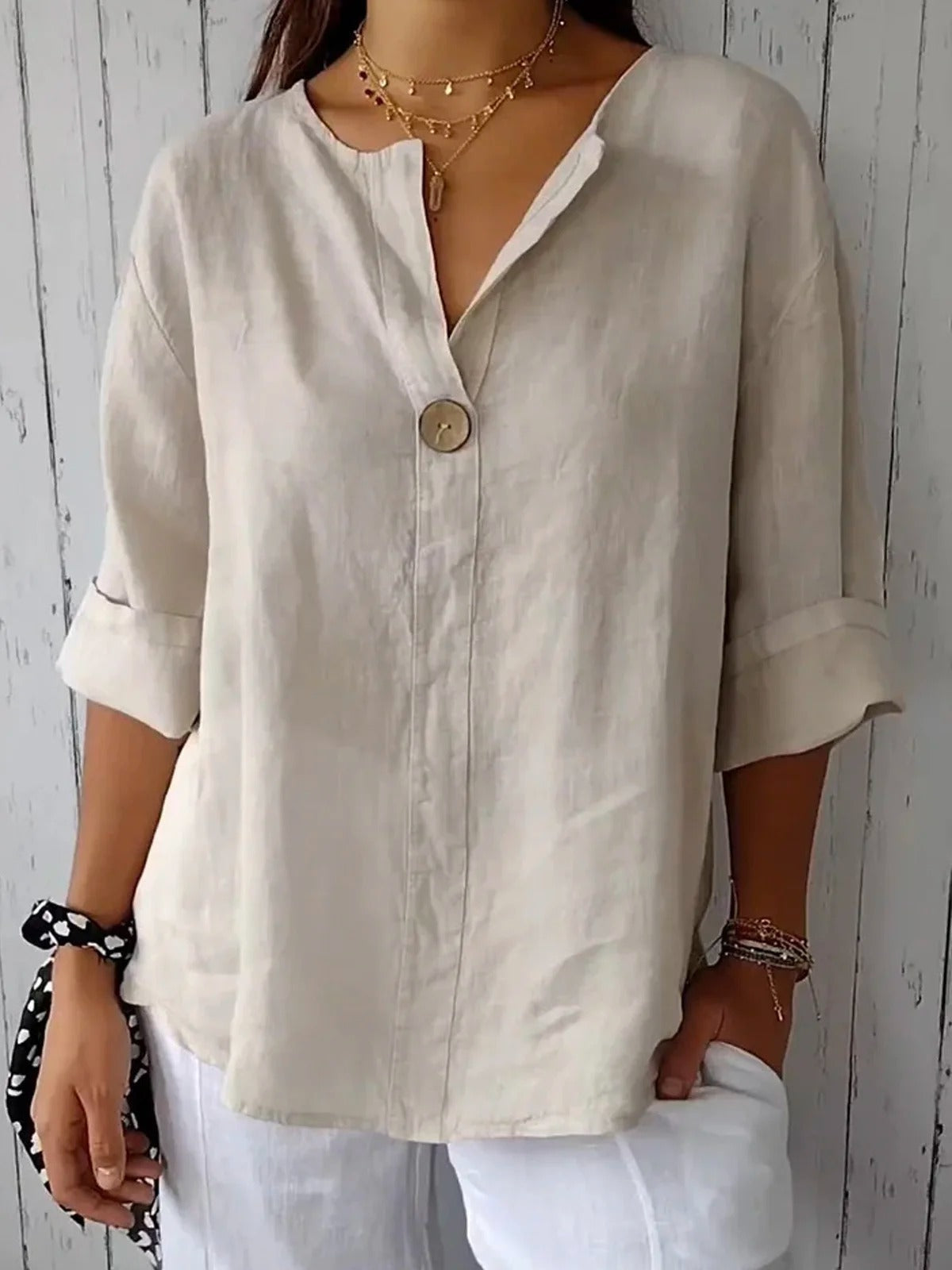 Women's Cotton Loose Fit 3/4 Sleeve Single Button Blouse