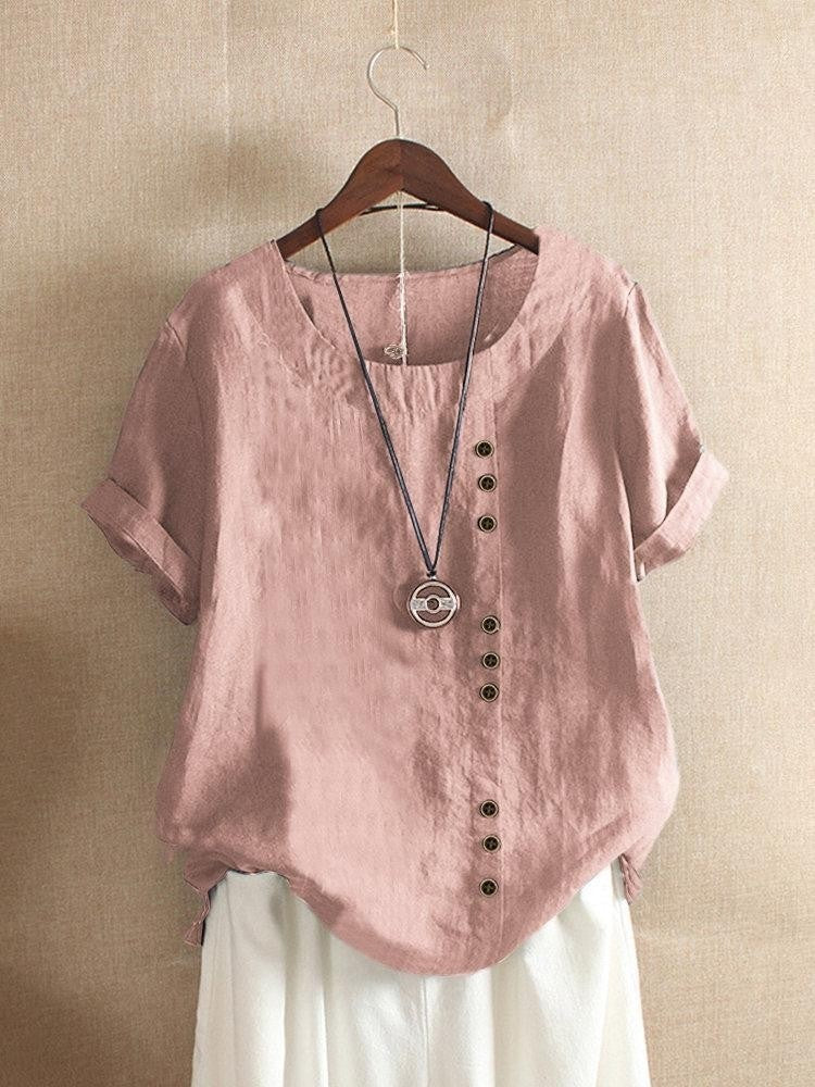 Women's Casual Loose-Fit Cotton Short Sleeve Blouse with Side Buttons