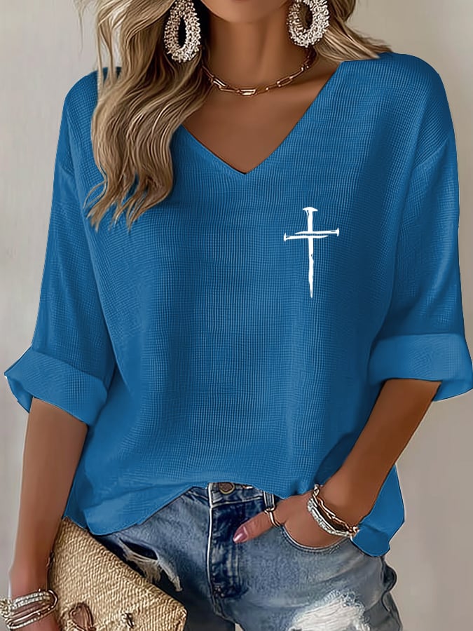 Women's Vintage "Faith" Cross-Print Waffle-Knit T-Shirt