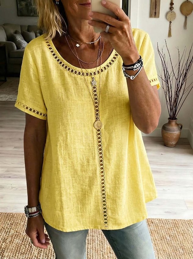 Cotton-Blend Crew Neck Vintage Plain T-Shirt