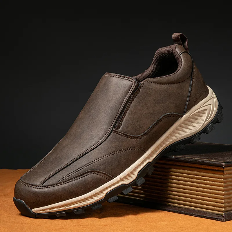 MEN'S COMFORTABLE GENUINE LEATHER SLIP-ON SNEAKERS WITH ARCH SUPPORT AND SHOCK ABSORPTION