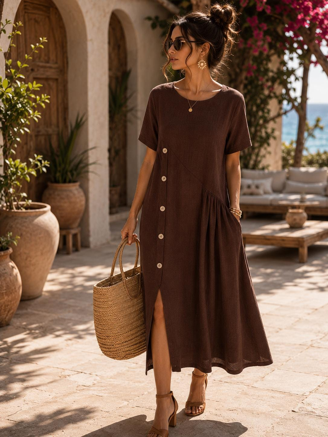 Women's casual round neck slit midi dress