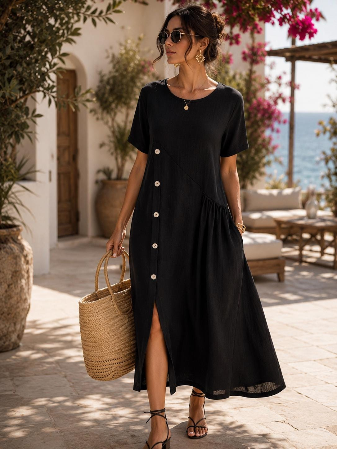 Women's casual round neck slit midi dress