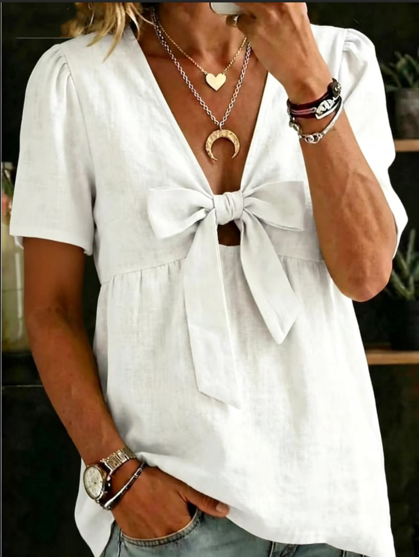 [Copy]New Arrivals🔥 Women's Casual Solid-Color Short-Sleeve Cotton-Linen Button-Up Top