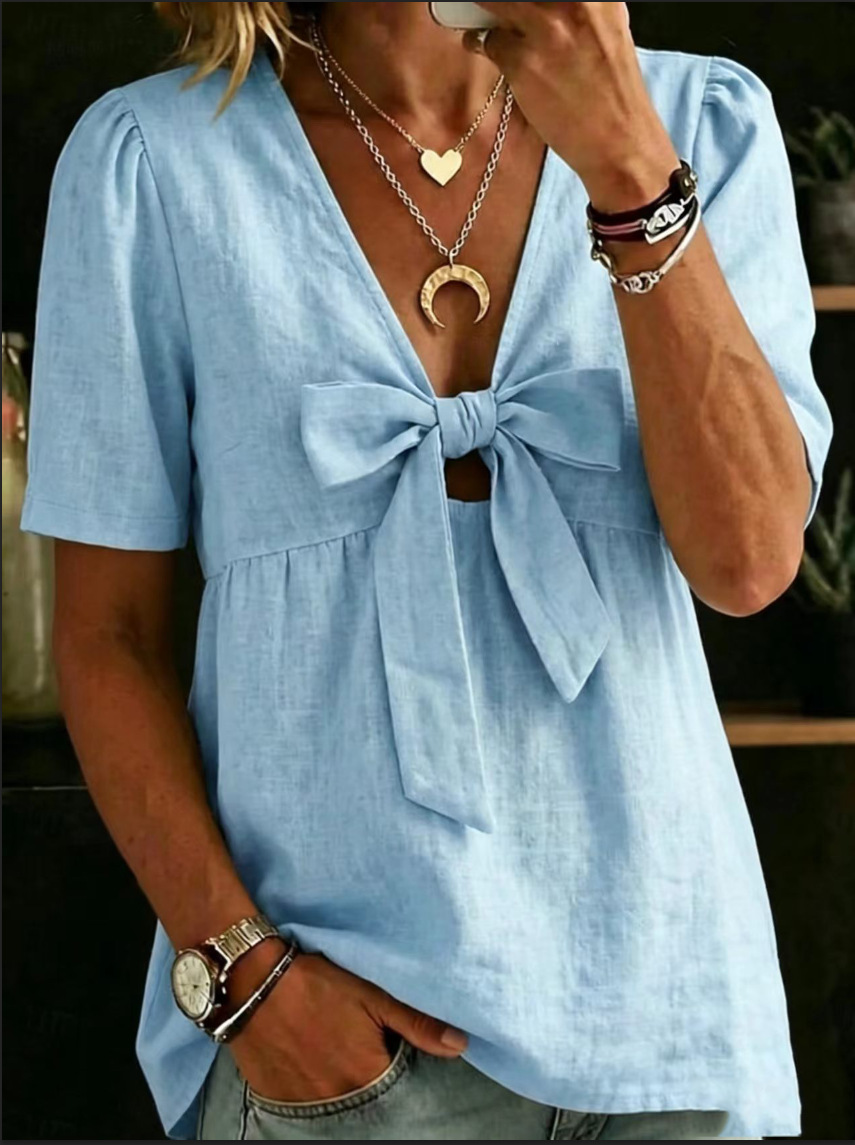 [Copy]New Arrivals🔥 Women's Casual Solid-Color Short-Sleeve Cotton-Linen Button-Up Top