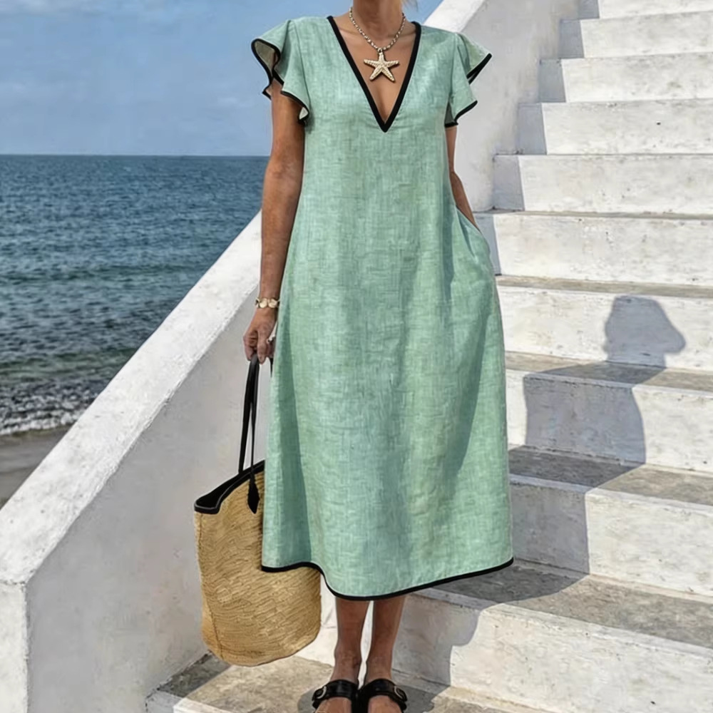 Warmthof | V-Neck Color-Block Resort-Style Maxi Dress with Ruffle Sleeves