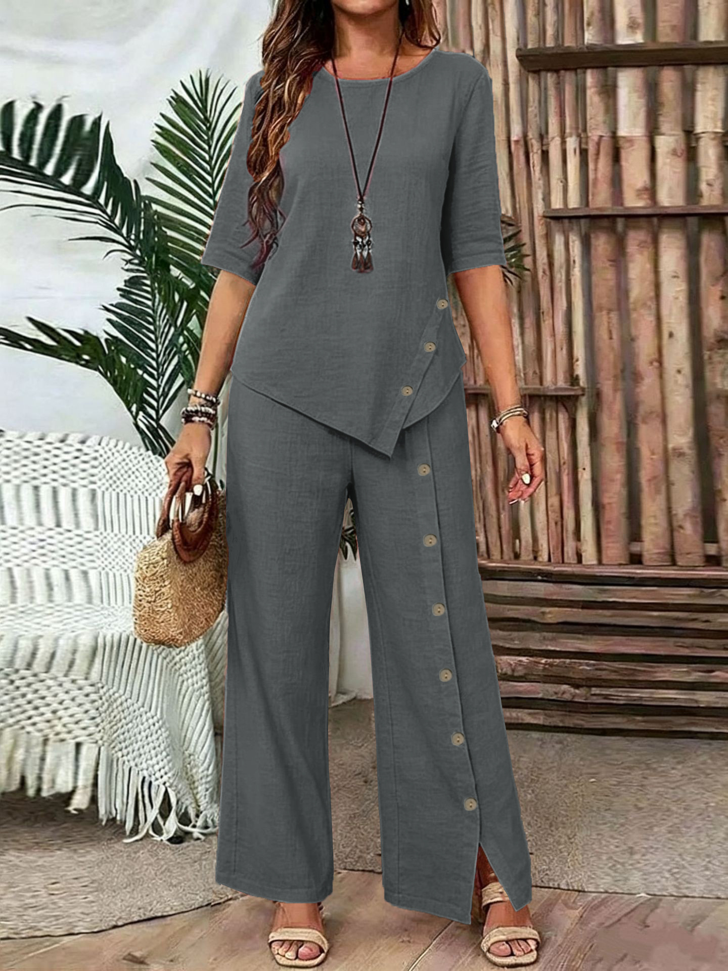 Women's Linen-feel Set Two Piece Sets Pants Sets Half Sleeve Crew Neck Plain Fashion Streetwear Casual Daily Outdoor Black White Green Spring & Summer Regular Fit Loose Fit
