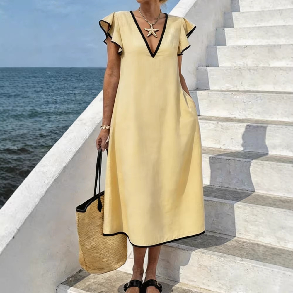 Warmthof | V-Neck Color-Block Resort-Style Maxi Dress with Ruffle Sleeves