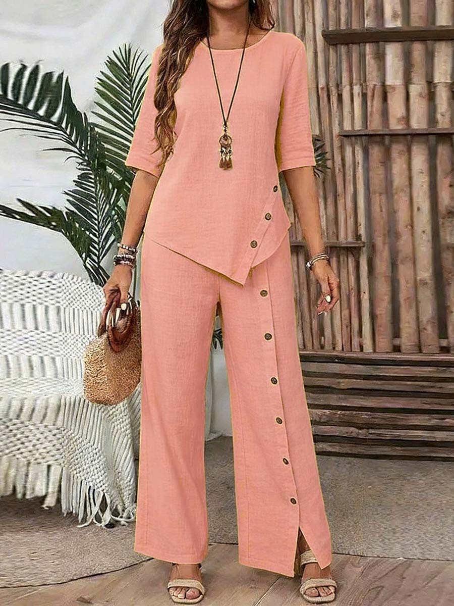 Women's Linen-feel Set Two Piece Sets Pants Sets Half Sleeve Crew Neck Plain Fashion Streetwear Casual Daily Outdoor Black White Green Spring & Summer Regular Fit Loose Fit