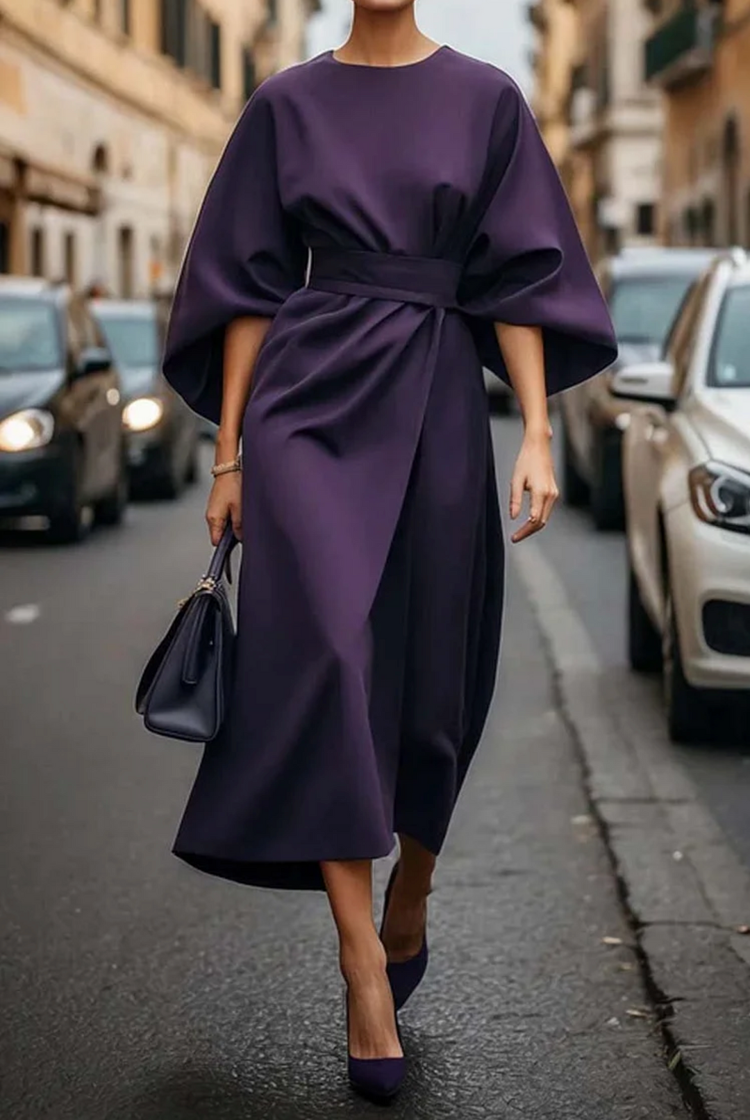 Structured A-Line Midi Dress Women Belted Waist Bell Sleeve Elegant