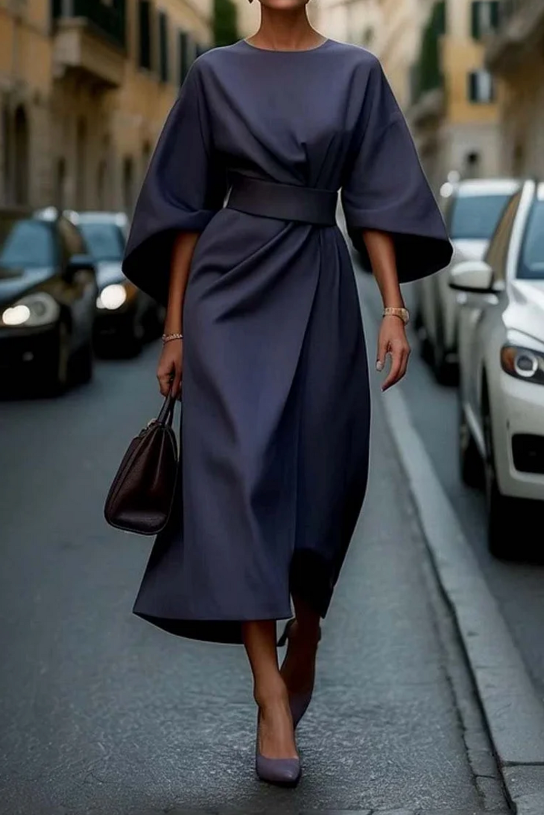Structured A-Line Midi Dress Women Belted Waist Bell Sleeve Elegant