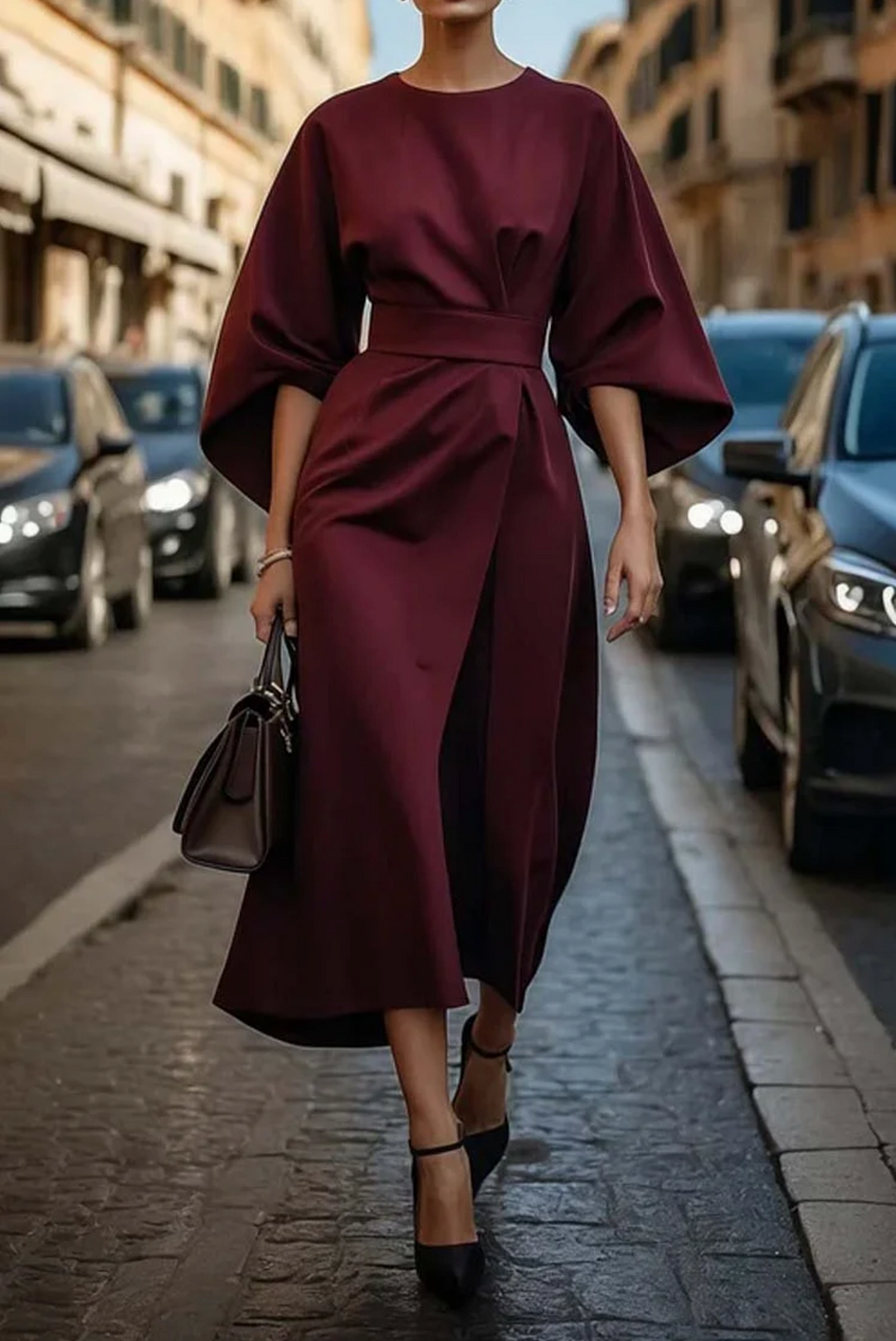 Structured A-Line Midi Dress Women Belted Waist Bell Sleeve Elegant
