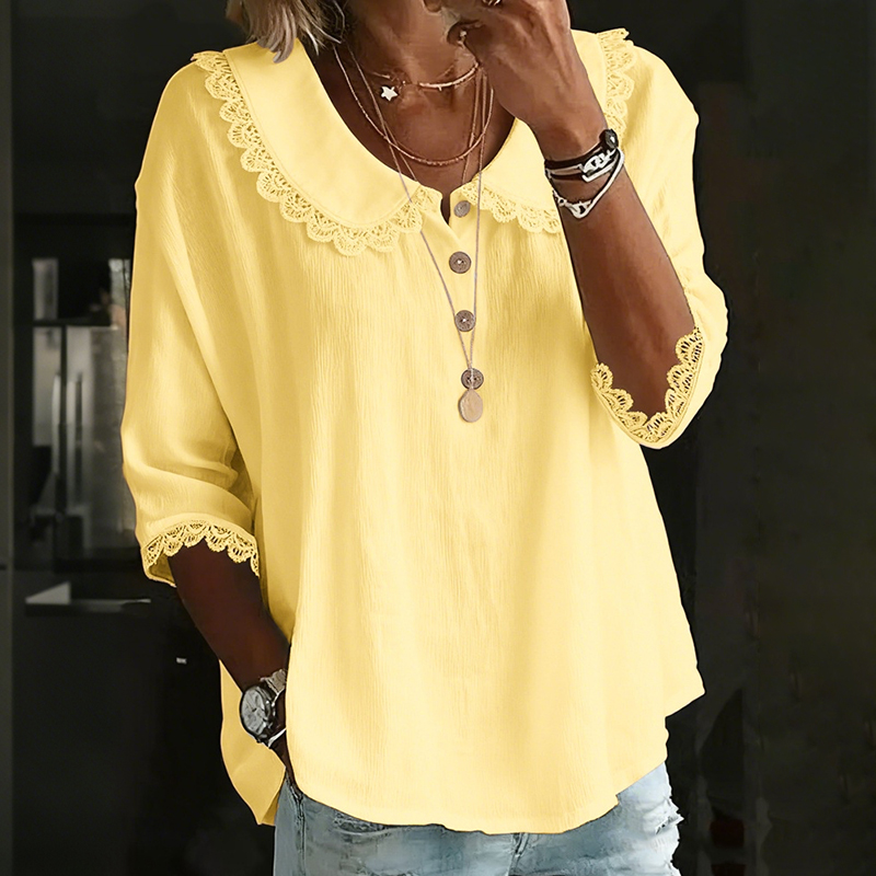 Women's  Retro Collared Lace-trimmed Solid Color Button-up Shirt