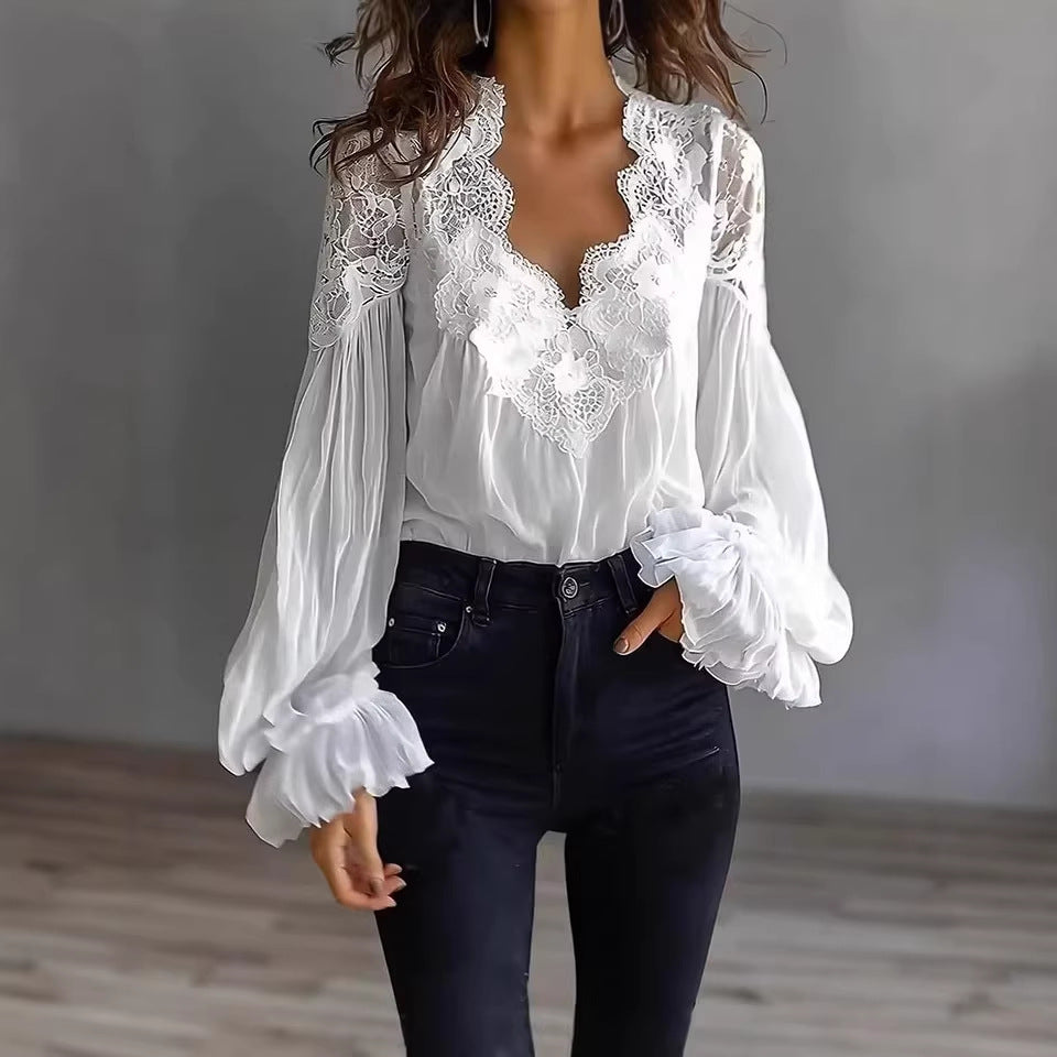 Lace-Panelled Puff Sleeve Pleated Ruffled Shirt Women