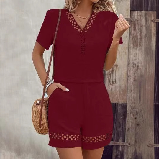 Women's V-Neck Spliced ​​Short-Sleeve Solid-Color Shorts Set