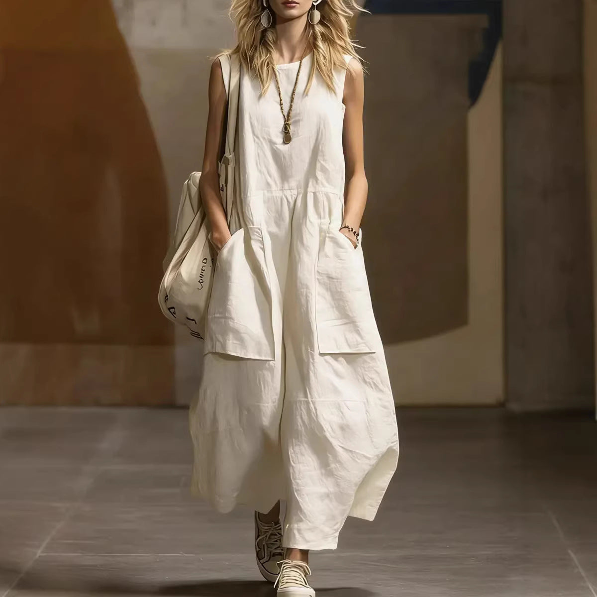 Womens Loose-Fitting Sleeveless Cotton Linen Pocket Dress – Casual A-Line Long Dress