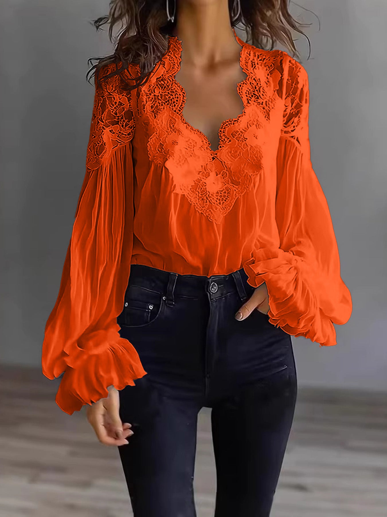 Lace-Panelled Puff Sleeve Pleated Ruffled Shirt Women