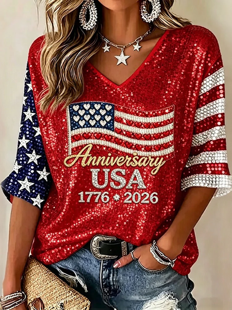  Usa Anniversary Sequins Print V-neck T-shirt