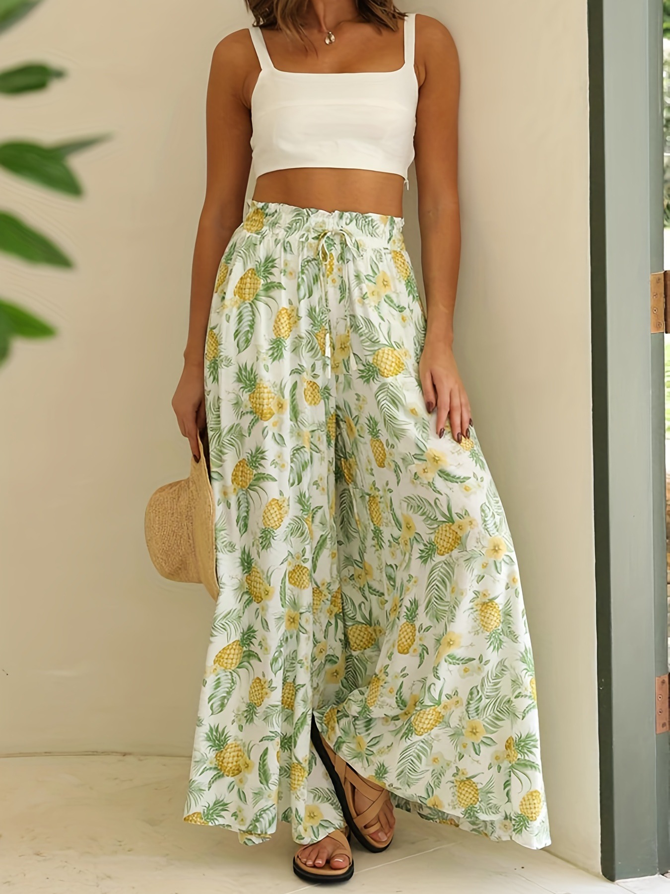 Summer High-Waisted, Loose-Fit Printed Wide-Leg Pants