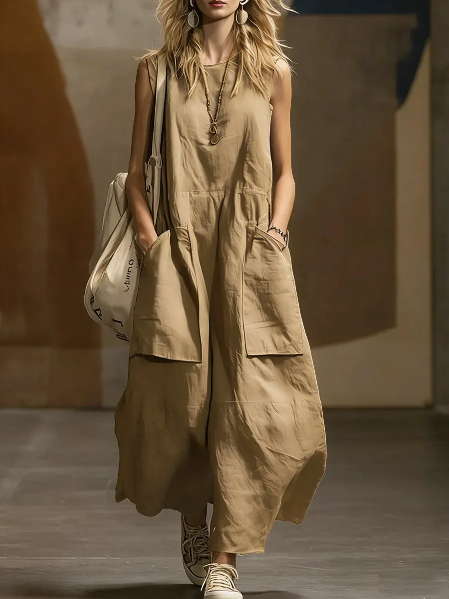 Womens Loose-Fitting Sleeveless Cotton Linen Pocket Dress – Casual A-Line Long Dress