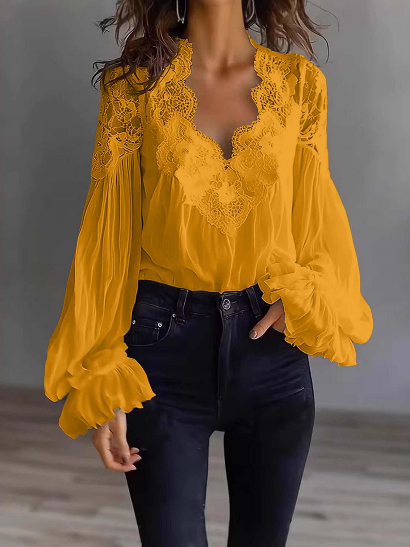 Lace-Panelled Puff Sleeve Pleated Ruffled Shirt Women