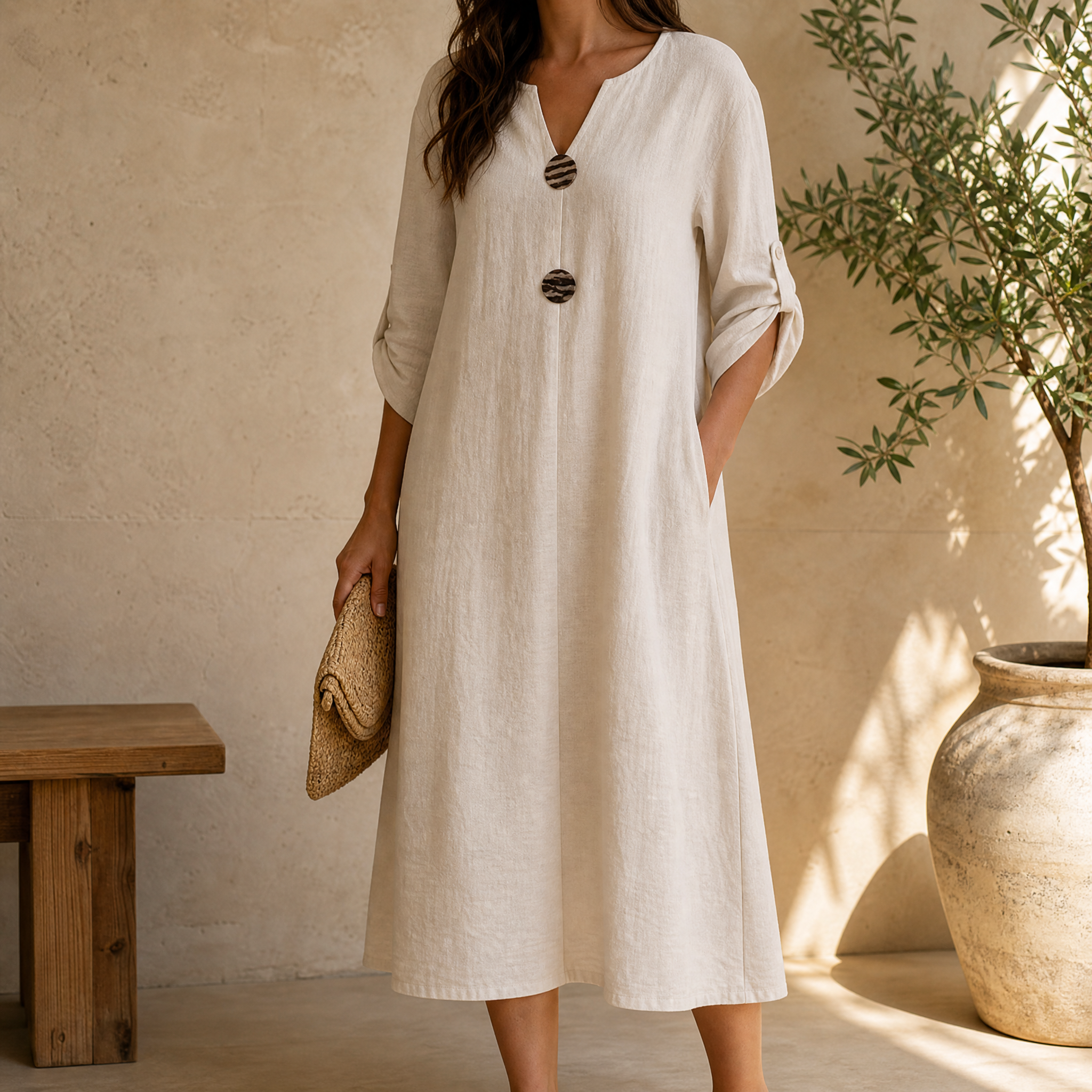 Warmthof™ – Flowy V-Neck Midi Dress with Wooden Buttons