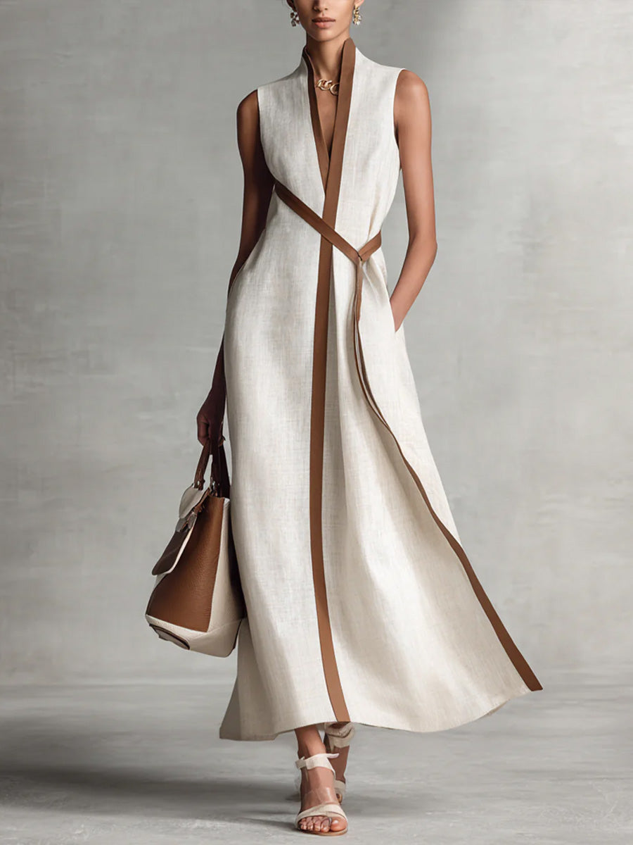 Women's Color Block Sleeveless Stand Collar Linen Blend Dress