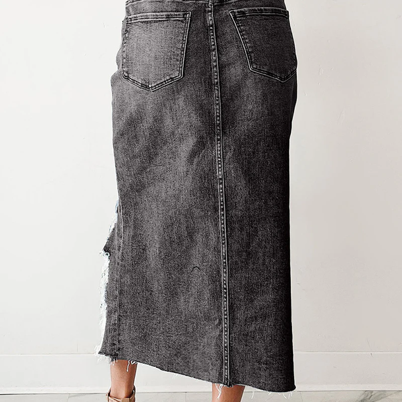 💙40% OFF! 💎 Women's High-Waist Ripped Denim Midi Skirt – Asymmetrical Hem, Distressed Details & Flattering Fit 👖✨