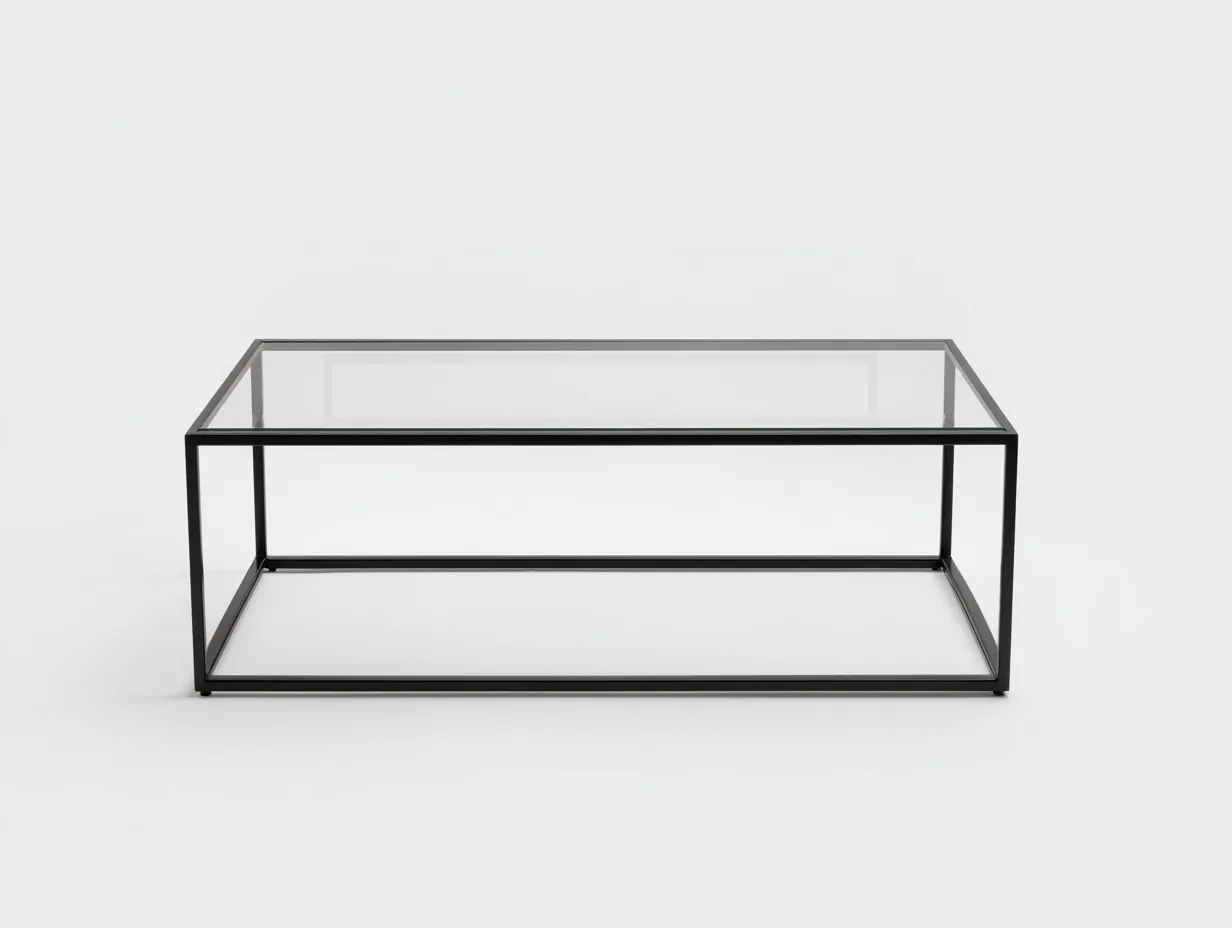 Mesa de Centro minimalista 120x60x38 cm - tapa de vidrio y base abierta negra para salón