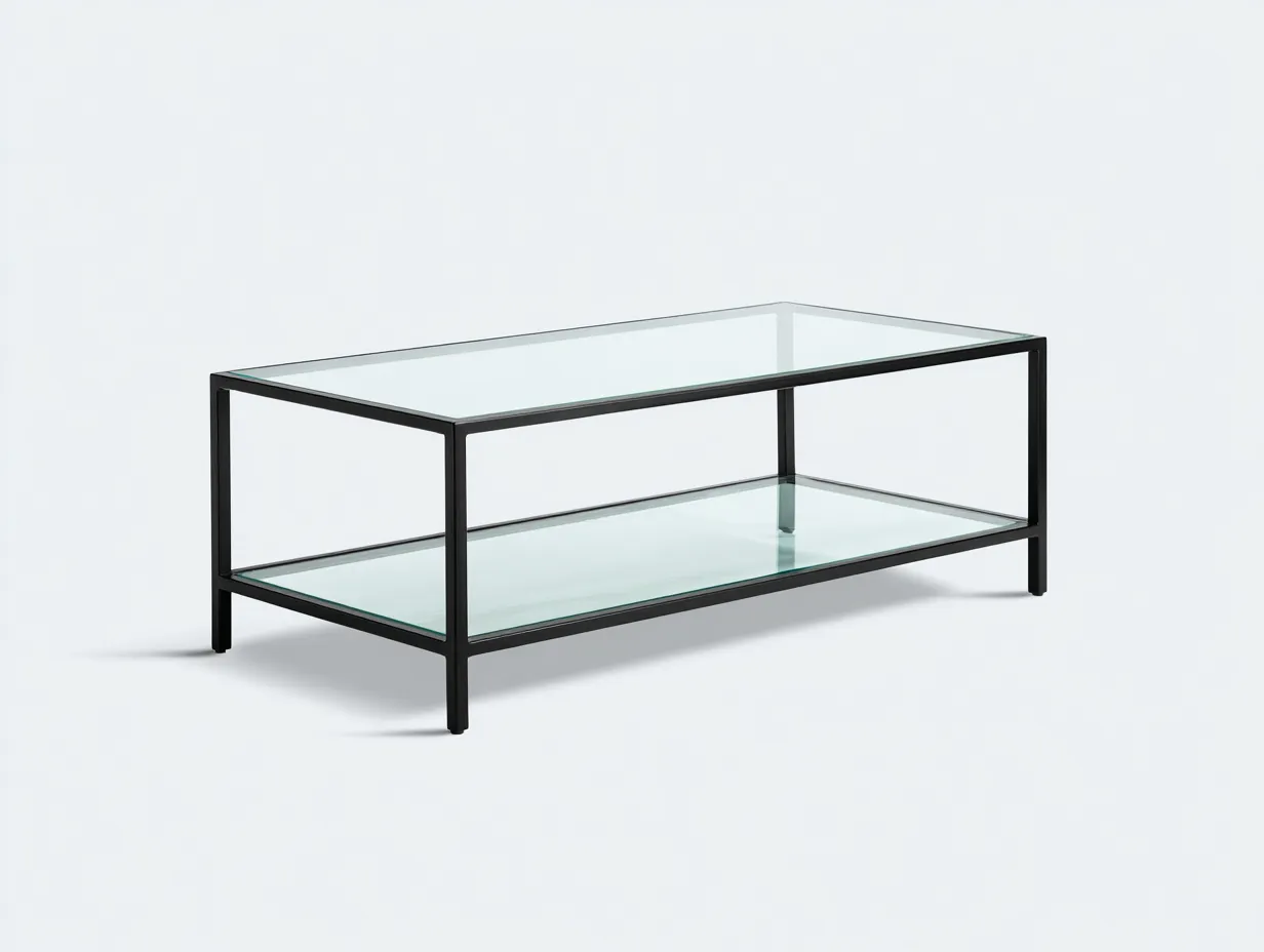 Mesa de Centro doble nivel 135x50x40 cm - vidrio verde claro y marco negro para salón