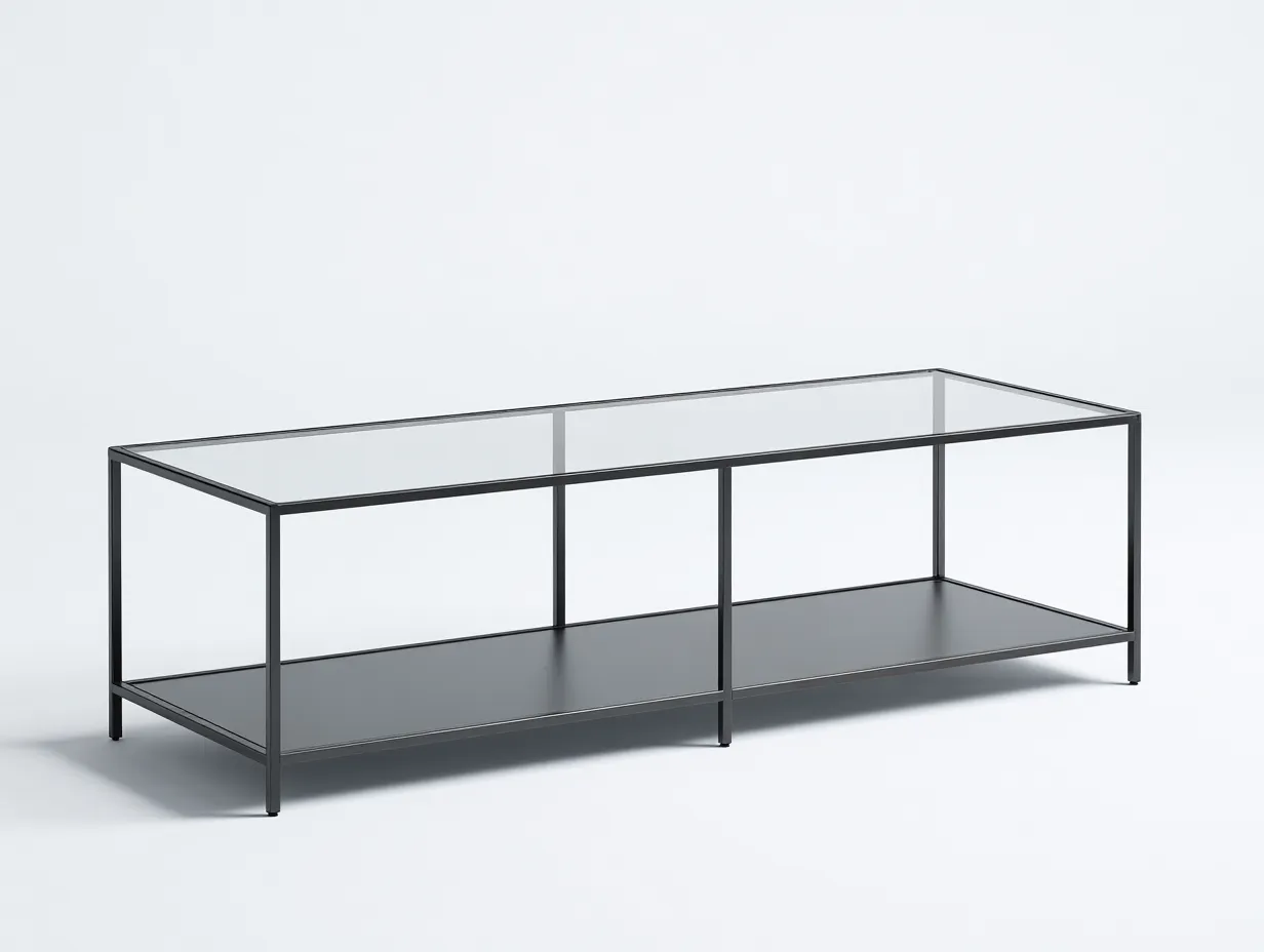 Mesa de Centro rectangular 150x50x42 cm - vidrio transparente y metal negro para salón