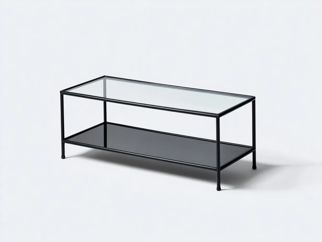 Mesa de Centro compacta 110x50x42 cm - vidrio transparente y tubo negro para salón