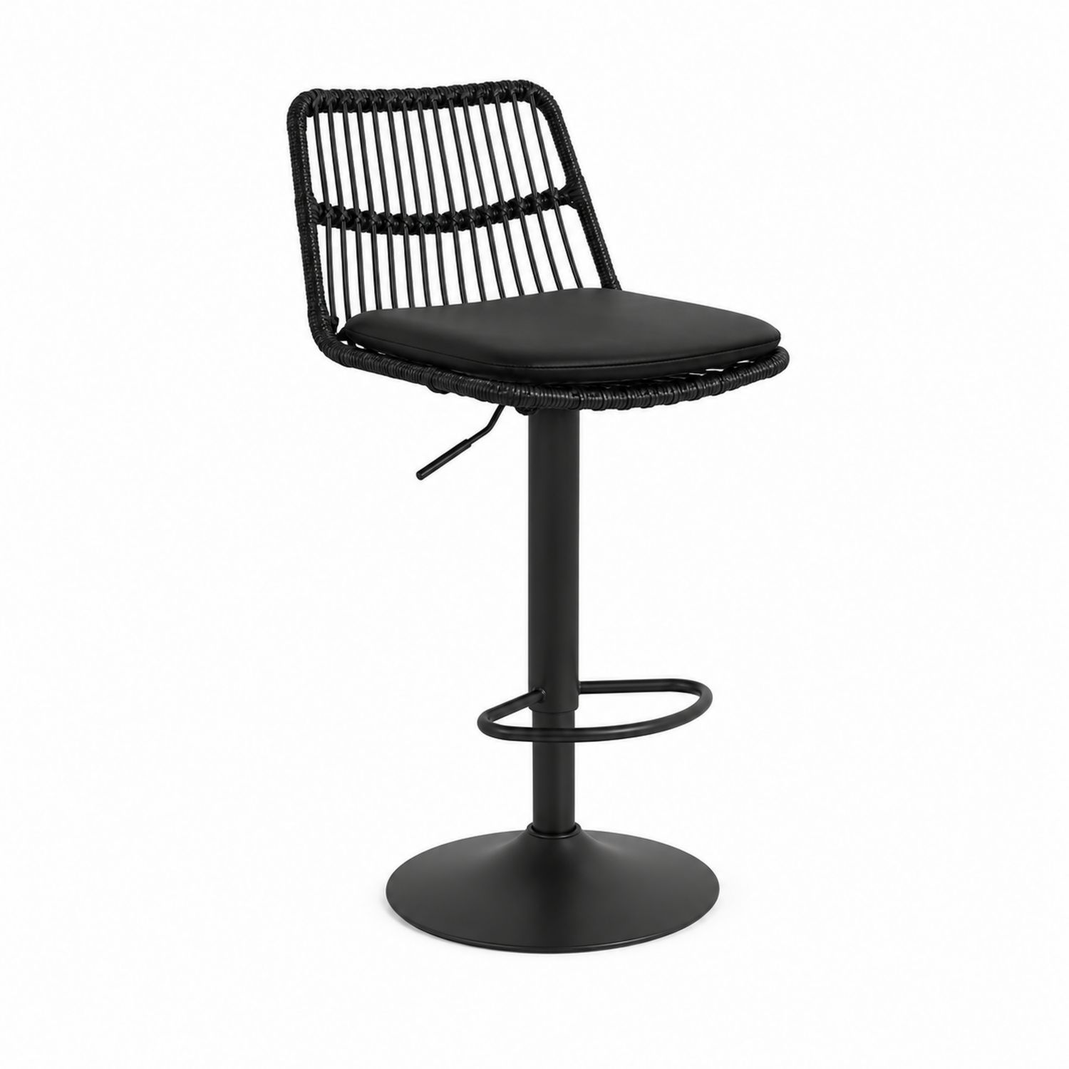 Höhenverstellbarer Rattan-Barhocker mit Metallgestell, Schwarz-Retrohomestead
